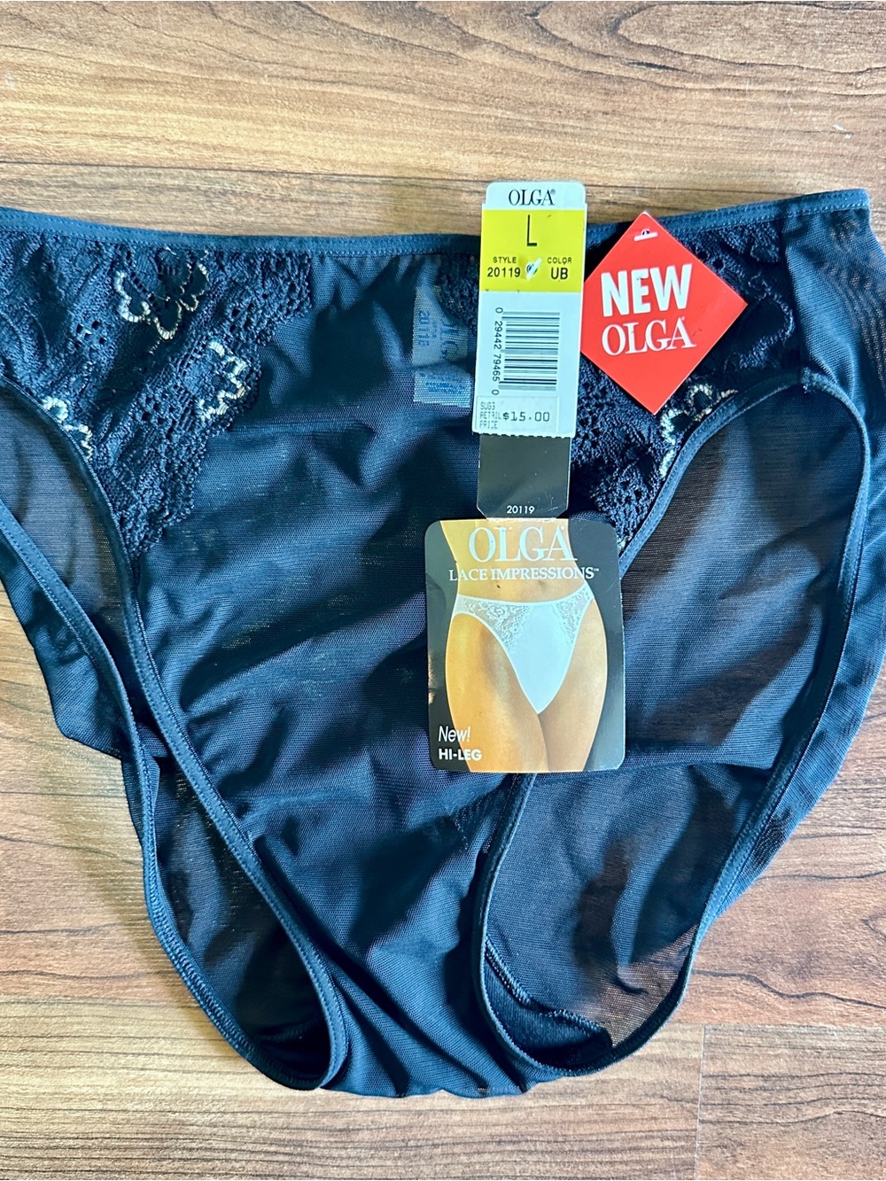 OLGA Sexy Sheer Black “Lace Impressions” Hi-Leg Panty Bikini Brief Y2K NWT Large